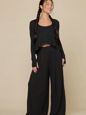 POPFLEX Go with the Flow Wide Leg Pant - Black Ribbed Size XL $75